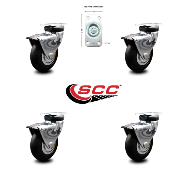 Service Caster 3 Inch Bright Chrome Hooded Neoprene Rubber Top Plate Casters with Brake, 4PK SCC-03S310-NPRB-BC-B-4